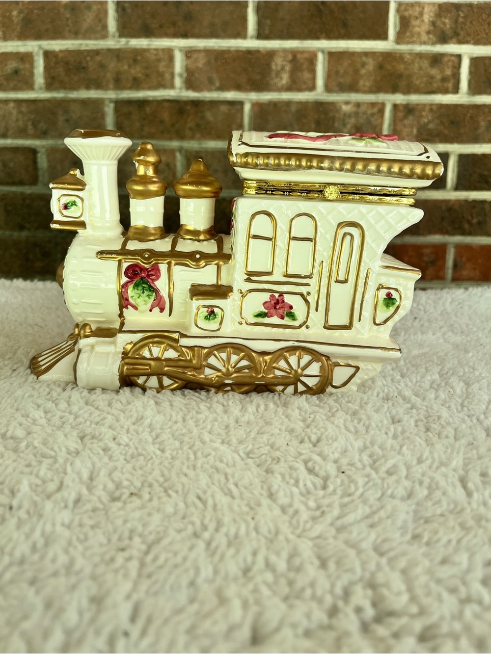 Christmas Train Trinket Box  Made of Porcelain With Hinged Lid & Gold Accents